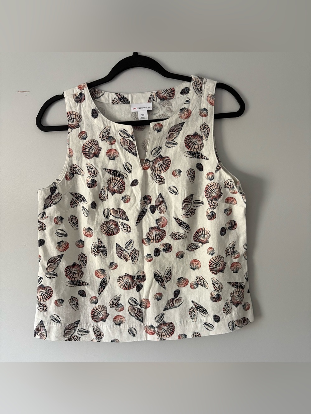 Liz Claiborne Cream Sleeveless Shell-Print Tank Linen Blend
